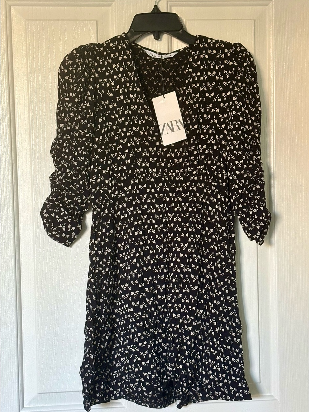 Zara Black & White Mini Dress with Floral Print